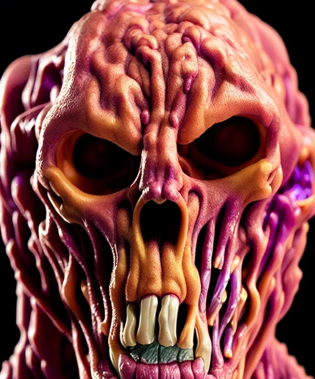 Prompt: hyperrealistic rendering, cronenberg flesh monster skeletor by art of skinner and richard corben and jeff easley, product photography, action figure, sofubi, studio lighting, colored gels