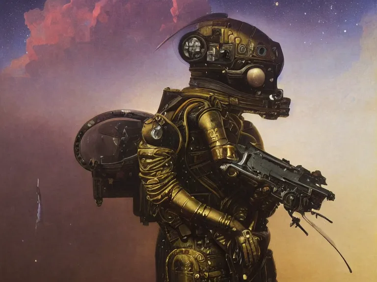 Image similar to a detailed profile oil painting of a soldier in a spacesuit with reflective helmet, advanced technology flight suit, portrait symmetrical and science fiction theme with aurora lighting clouds and stars by beksinski carl spitzweg and tuomas korpi. baroque elements, full-length view. baroque element. intricate artwork by caravaggio. Trending on artstation. 8k