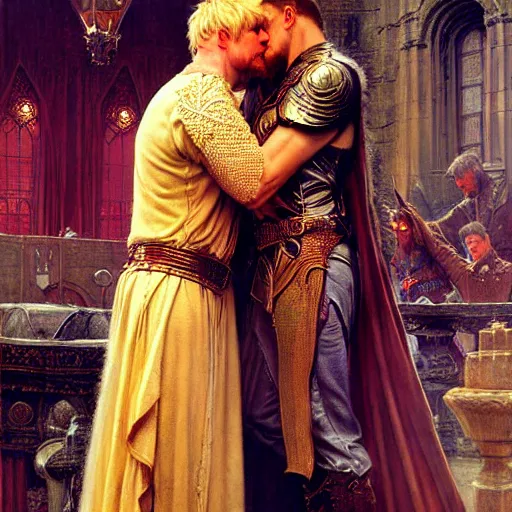 Image similar to stunning arthur pendragon in love with stunning male merlin the mage. they are close to each other. highly detailed painting by gaston bussiere, craig mullins, j. c. leyendecker