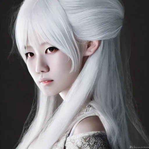 Image similar to Portrait of a japanese princess young lady, beauty, with a long white, white hair!!!, white hair!!!, ayaka cosplay, white hair!!!, young with white hair!!!!! artwork by Akihiko Yoshida