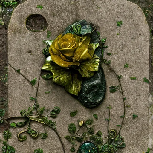 Prompt: side view of a beautiful abandoned tombstone with an embedded emerald, overgrown foliage with flowers taking over it, close - up, 3 5 mm, biopunk, bokeh, beautiful, lens flare, emotional, detailed, picture, trending on artstation, award - winning, shiny, golden, angle view, octane render