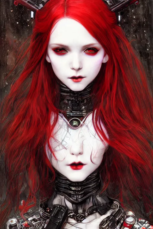 Prompt: portrait of cute beautiful young goth maiden, red hairs, cyberpunk, Warhammer 40000, gothic, highly detailed, artstation, illustration, art by Gustav Klimt and Range Murata