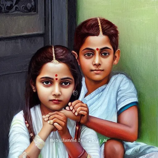 Image similar to beautiful young indian sister and brother, both sitting together holding hands on the steps of their house front entrance. happy raksha bandhan theme. high detailed oil painting by charlie bowater