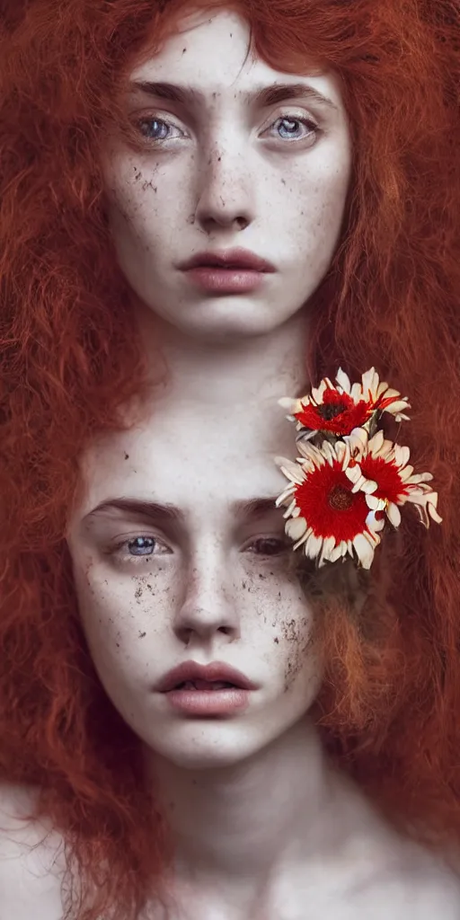 Image similar to dream symmetrical portrait of a woman , close-up, high sharpness, zeiss lens, fashion photo shoot, flowers, red hair, freckles, Annie Leibovitz and Steve McCurry, David Lazar, Jimmy Nelsson, artistic, hyper-realistic, beautiful face, octane rendering