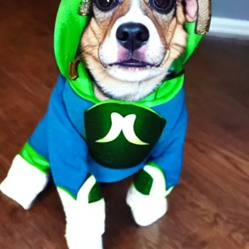 Image similar to a dog named Loki that is dressed like Loki