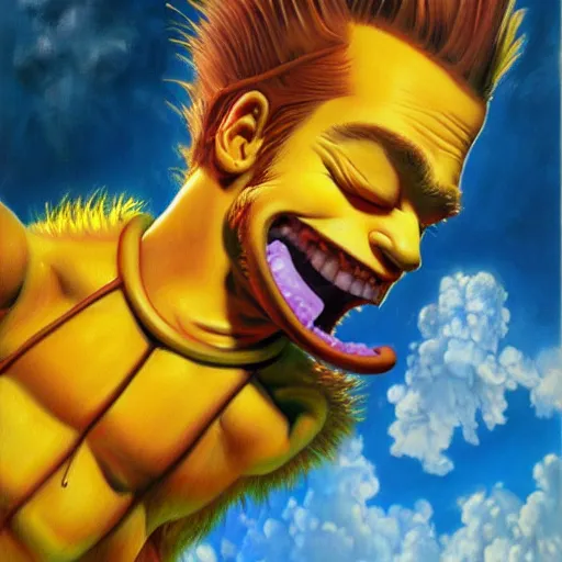 Image similar to detailed portrait of bart simpson intricate, hyper detailed, realistic, oil painting, by julie bell, frank frazetta, cinematic lighting