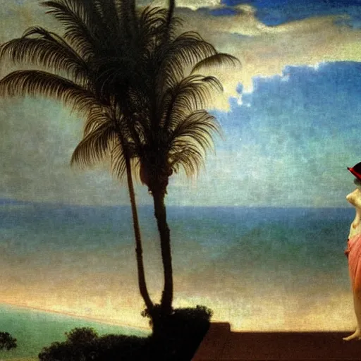 Image similar to Silhouette of two girl at the palace, thunderstorm, greek pool, beach and palm trees on the background major arcana sky, by paul delaroche, alphonse mucha and arnold böcklin arnold böcklin hyperrealistic 8k, very detailed