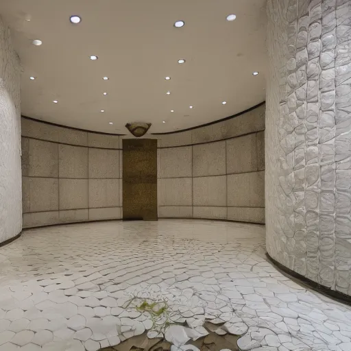 Prompt: photo of a bizarre oddly-shaped interior covered by ceramic white tiles with shallow water everywhere