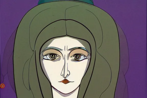 Image similar to the high priestess, animation cel, forest background, detailed, symmetrical face