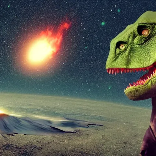 Prompt: A T-Rex looking at the meteor right before it hits the Earth.