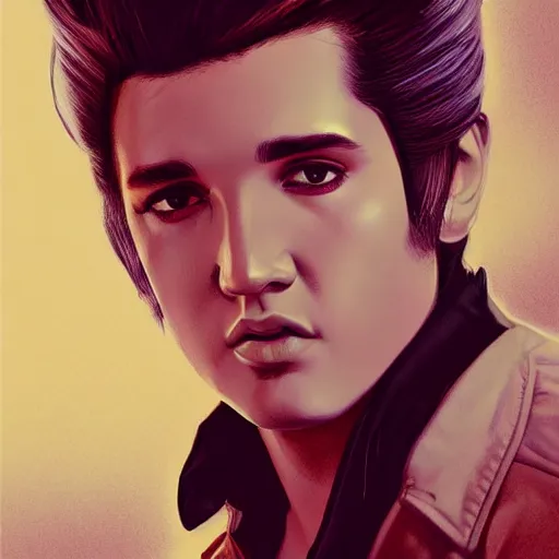 Image similar to young elvis presley dressed in 2 0 2 2, modern clothing, nashville, tennessee, portrait, highly detailed, digital painting, artstation, concept art, sharp focus, illustration, cinematic lighting, art by artgerm and greg rutkowski and alphonse mucha