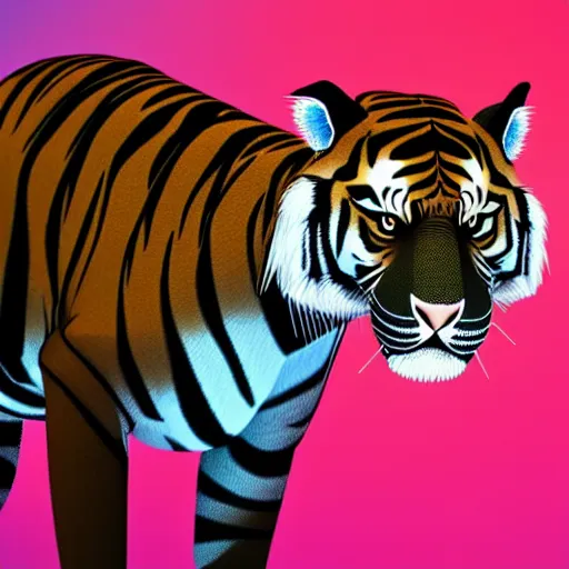 Prompt: ultra low low poly stylized render of a Sumatran tiger animal full body octane unreal engine render vaporwave blue and pink neon 4k