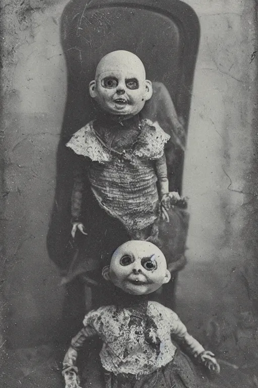 Image similar to dirty cracked crying vintage evil bald doll no mouth sitting in dirt basement cobwebs tintype photo