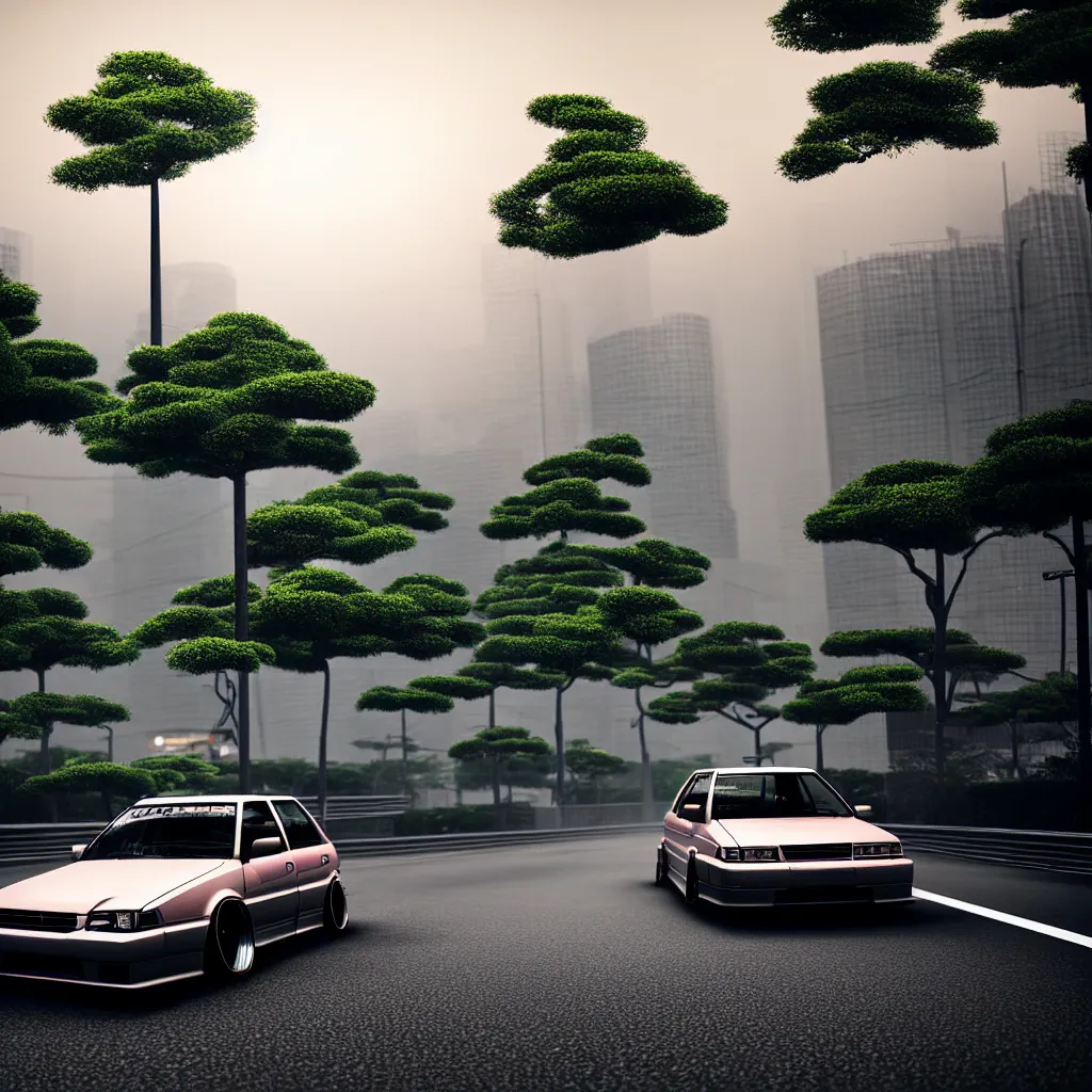 Prompt: car in center JZX100 twin turbo drift on a road, surrounded by trees and buidlings in Tokyo prefecture, rooftops are Japanese architecture, city at sunset heavy mist over streetlights, cinematic lighting, photorealistic, detailed wheels, highly detailed