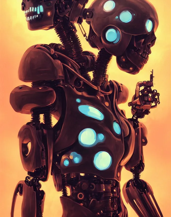 Image similar to skull - headed robot cyborg painting, illutstration, concept art, cyberpunk, futurism, comics art, artgerm, full body shot, wide angle