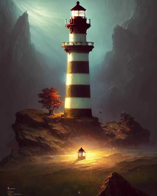 Image similar to a beautiful cinematic image of a lighthouse, fantasy forest landscape, fantasy magic, dark light night, intricate, elegant, sharp focus, illustration, highly detailed, digital painting, concept art, matte, art by wlop and artgerm and greg rutkowski and alphonse mucha, masterpiece