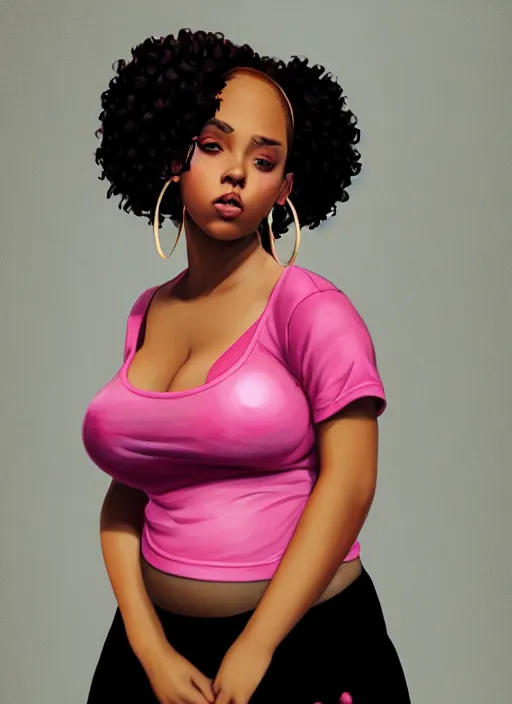 Image similar to full body portrait, teenage vanessa morgan, pink hair, obese, black girl, curly pixie hair, sultry, realistic, short hair, hoop earrings, skirt, shirt, fat, belly, intricate, elegant, highly detailed, digital painting, artstation, concept art, smooth, sharp focus, illustration, art by wlop, mars ravelo and greg rutkowski