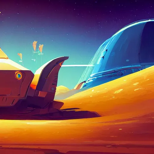 Prompt: a painting of a sci - fi spaceship in the desert, concept art by James Gilleard, Artstation contest winner, space art, concept art, speedpainting, redshift