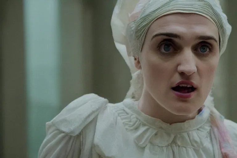 Image similar to mid-shot of Katie McGrath as the maid in the new movie directed by Wes Anderson, symmetrical shot, idiosyncratic, relentlessly detailed, pastel, limited colour palette, detailed face, movie still frame, promotional image, imax 70mm footage