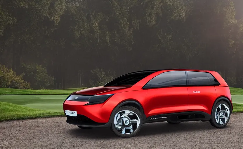 Image similar to the electric suv honma will release soon, outdoor product photography on a golf course, fog, very besautiful ambient light, sun rays