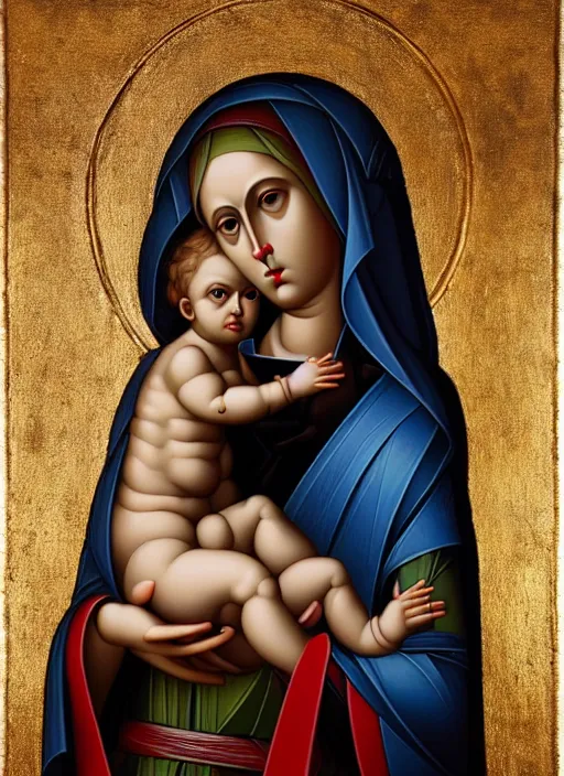 Prompt: realistic detailed 8k photo of futuristic holy cyborg-mother holding a newborn baby child in hands by Raphael Santi, orthodox icon Neo-Gothic, gothic, rich deep colors. masterpiece