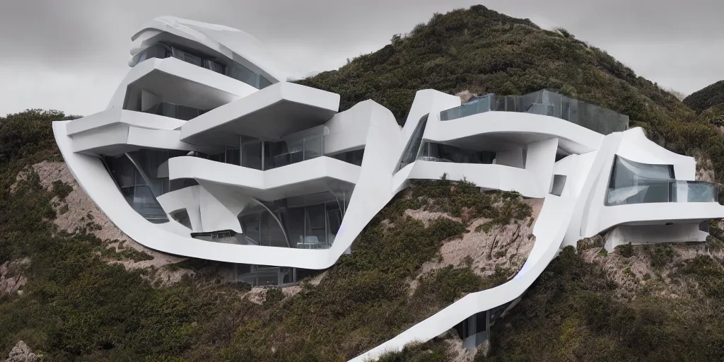 Image similar to architectural photography, modern house on top of a cliff designed by zaha hadid, wonderful masterpiece highly detailed, beautiful cinematic light deep focus, elegant, digital painting, smooth, sharp focus, golden ratio, dramatic illumination, ultra realistic, 8 k, art by artemisia lomi gentileschi and caravaggio