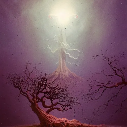 Prompt: the night sky is black and full of stars, huge red eyes are floating in the sky, their irises are red, ethereal tentacle tree, satisfying cable management, by Esao Andrews and Karol Bak and Zdzislaw Beksinski and Zdzisław Beksiński, trending on ArtStation, volumetric smoke