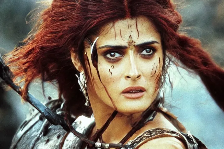 Prompt: epic photo of salma hayek as beautiful barbarian warrior princess in a battle scene, detailed eyes, neutral expression, depth of field, photorealistic, cinematic lighting, lovely bokeh, warm colours, dusk, conan 1 9 8 5