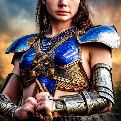 Image similar to beautiful warrior queen with lapis lazuli armour, highly detailed, 4k, HDR, smooth, sharp focus, hyper realistic, high resolution, award-winning photo