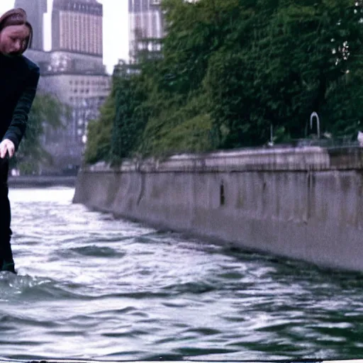 Prompt: thom yorke throwing his computer into the river thames, movie still, highly detailed
