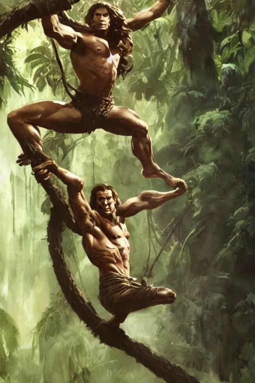 Image similar to tarzan swinging from trees, by Frank Frazetta, Greg Rutkowski, Boris Vallejo, epic fantasy character art, Exquisite detail, post-processing, low angle, masterpiece, cinematic