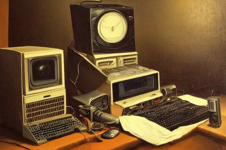 Image similar to still life painting of vintage computers by Adriaen van der Spelt, oil on canvas, strong lighting, highly detailed, hyper realism, HD, 4K