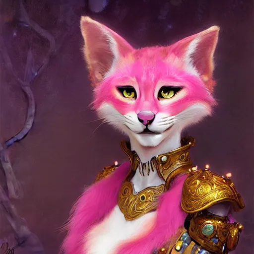 Image similar to a portrait of a female pink cat wearing ornate plastic armor at night in a dark forest. zootopia fursona furaffinity furry art detailed face painting by gaston bussiere craig mullins jc leyendecker gustav klimt artgerm greg rutkowski furry