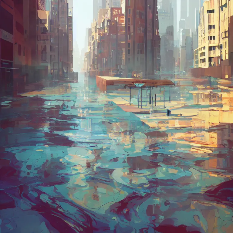 Image similar to morning flood in an empty city, , painted by James Gilleard, airbrush