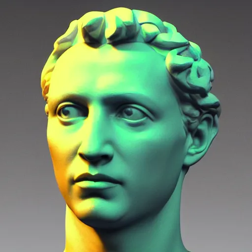 Prompt: a 3 d render of the head of david statue wearing a neon ring around the head, in the style of michelangelo