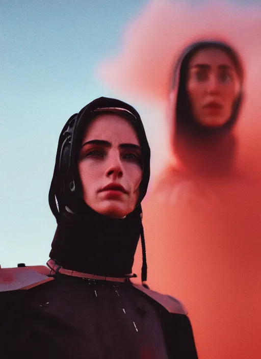 Image similar to cinestill 5 0 d photographic portrait of two sultry loving female androids wearing rugged black techwear on a desolate plain with a red sky, extreme closeup, cyberpunk style, garters, dust storm, 8 k, hd, high resolution, 3 5 mm, f / 3 2, ultra realistic faces, ex machina