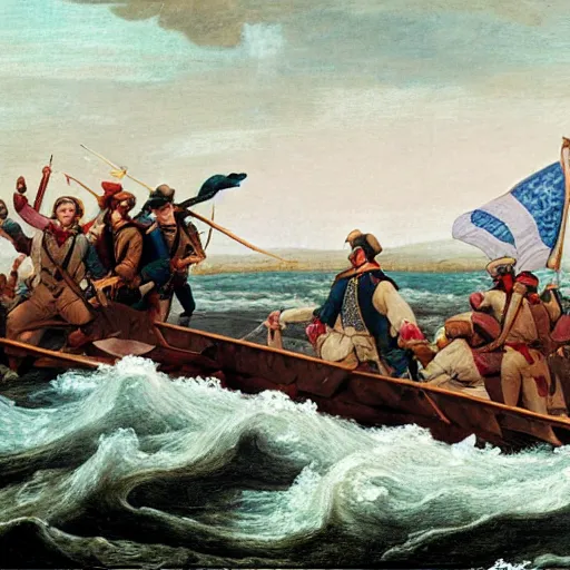 Prompt: washington crossing the delaware on a lava river in hell