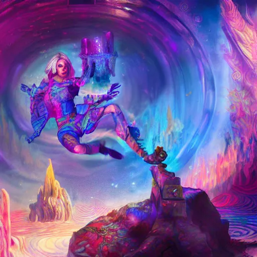 Image similar to Long Shot of psychodelic ciri in mysterious astral temple jumpin with pistol in river of chromatic SPIRITS , beautiful, dmt, trending on artstation, omnious, soft, hypermaximalistic, high details, cinematic, 8k resolution, artwork by Wong, Liam