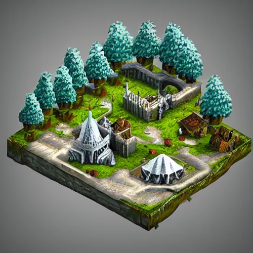 Prompt: isometric DND fantasy forest, war fort, 3d render, fantasy city, surrounded by white