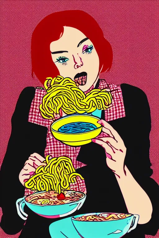 Image similar to a girl eating ramen in the style of modern pop art