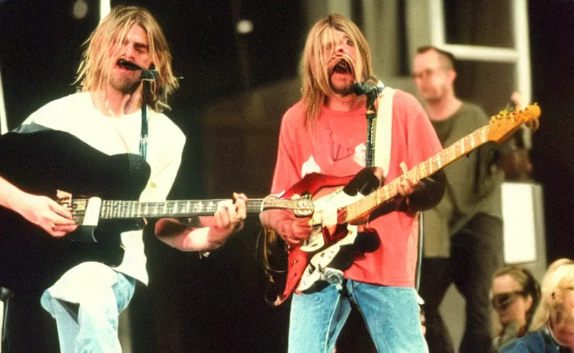 Prompt: kurt cobain and walter white performing on stage, 3 5 mm photograph, 1 9 9 4