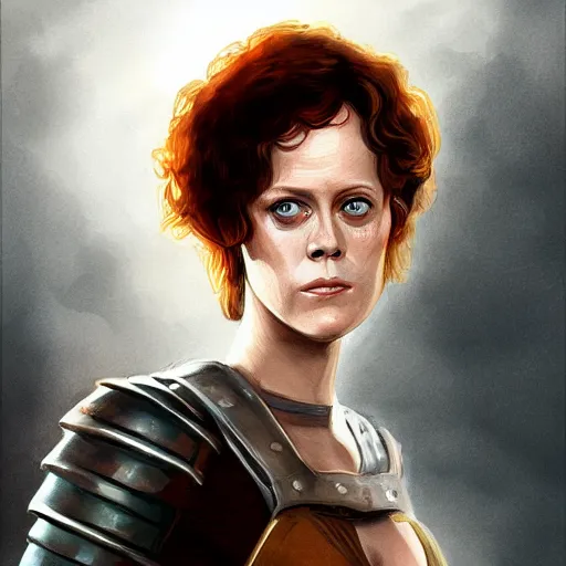 Image similar to young sigourney weaver as a d & d human fighter, character portrait by wlop