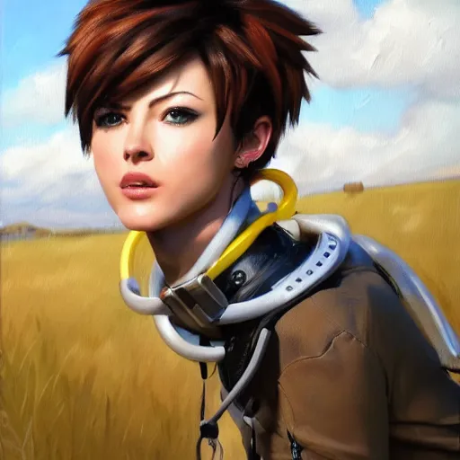 Image similar to oil painting of tracer overwatch in a field wearing spiked collar around neck, in style of mark arian, expressive face, detailed face, detailed eyes, full body, feminine face, tracer overwatch,