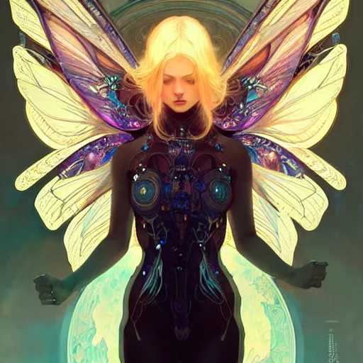 Image similar to A cybernetic girl with blonde hair, glowing halo, huge highly detailed intricate wings, art nouveau, fantasy, intricate, elegant, highly detailed, digital painting, artstation, concept art, smooth, sharp focus, illustration, art by Krenz Cushart and Artem Demura and alphonse mucha