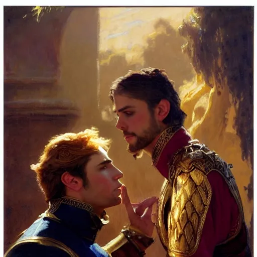 Image similar to attractive fully clothed king confesses his love for his attractive fully clothed male prince. highly detailed painting by gaston bussiere, craig mullins, j. c. leyendecker 8 k