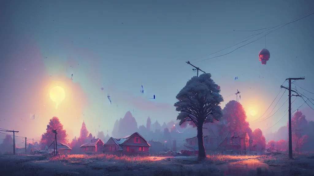 Image similar to gloomy russian village landscape by simon stalenhag, beeple, makoto shinkai, digital painting, fibonacci, trending on artstation, mandelbrot, beautiful, weird, cyberpunk, flowers, robot