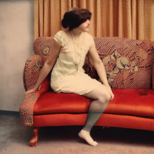 Image similar to a vintage 1 9 1 0 s kodachrome slide of a young woman at home sitting on a couch.