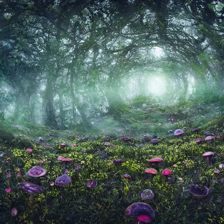 Image similar to a planet of various fungus, mushrooms, flowers and plants, inside the picture is infinity, Atmospheric, artistic photography, conceptual, long exposure outside the city, volumetric light