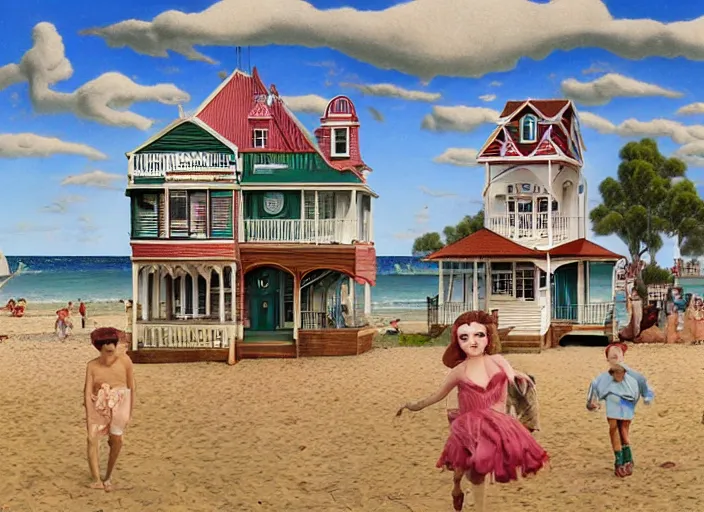 Image similar to australian beach house town, lowbrow, matte painting, 3 - d highly detailed, in the style of mark ryden,