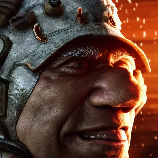 Image similar to asian!! bill cosby with conical hat in gears of war, splash art, movie still, cinematic lighting, dramatic, octane render, long lens, shallow depth of field, bokeh, anamorphic lens flare, 8 k, hyper detailed, 3 5 mm film grain